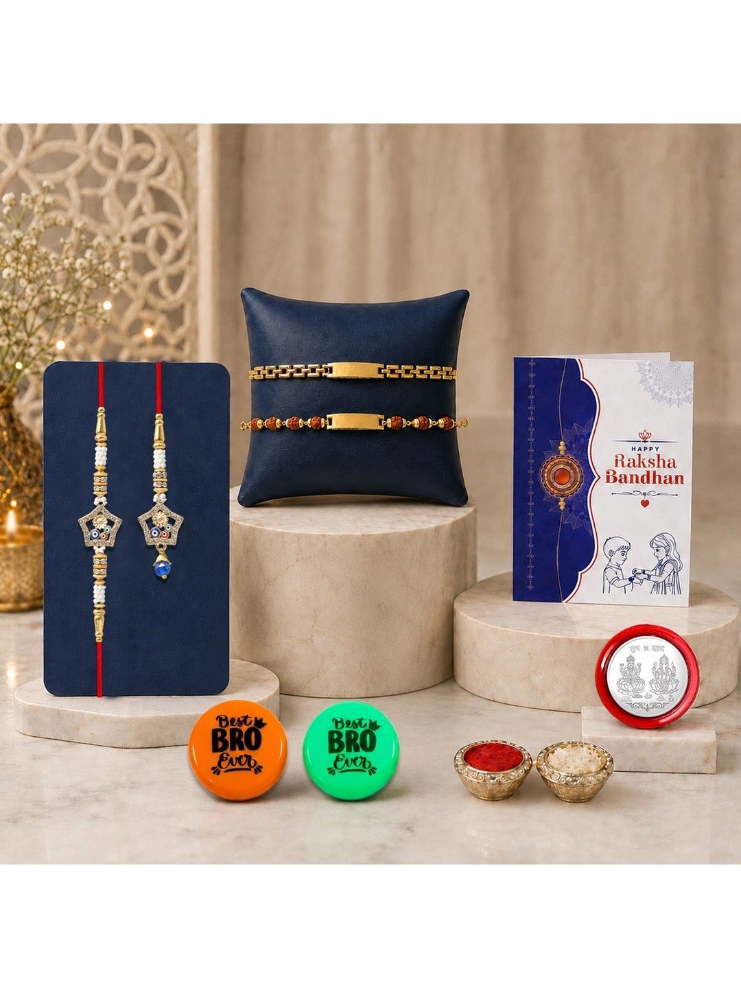 Myntra Elegant Homes Set of 9 Rakhi Gift Set With Silver Coin, Greeting Card & Roli Chawal-picture-55