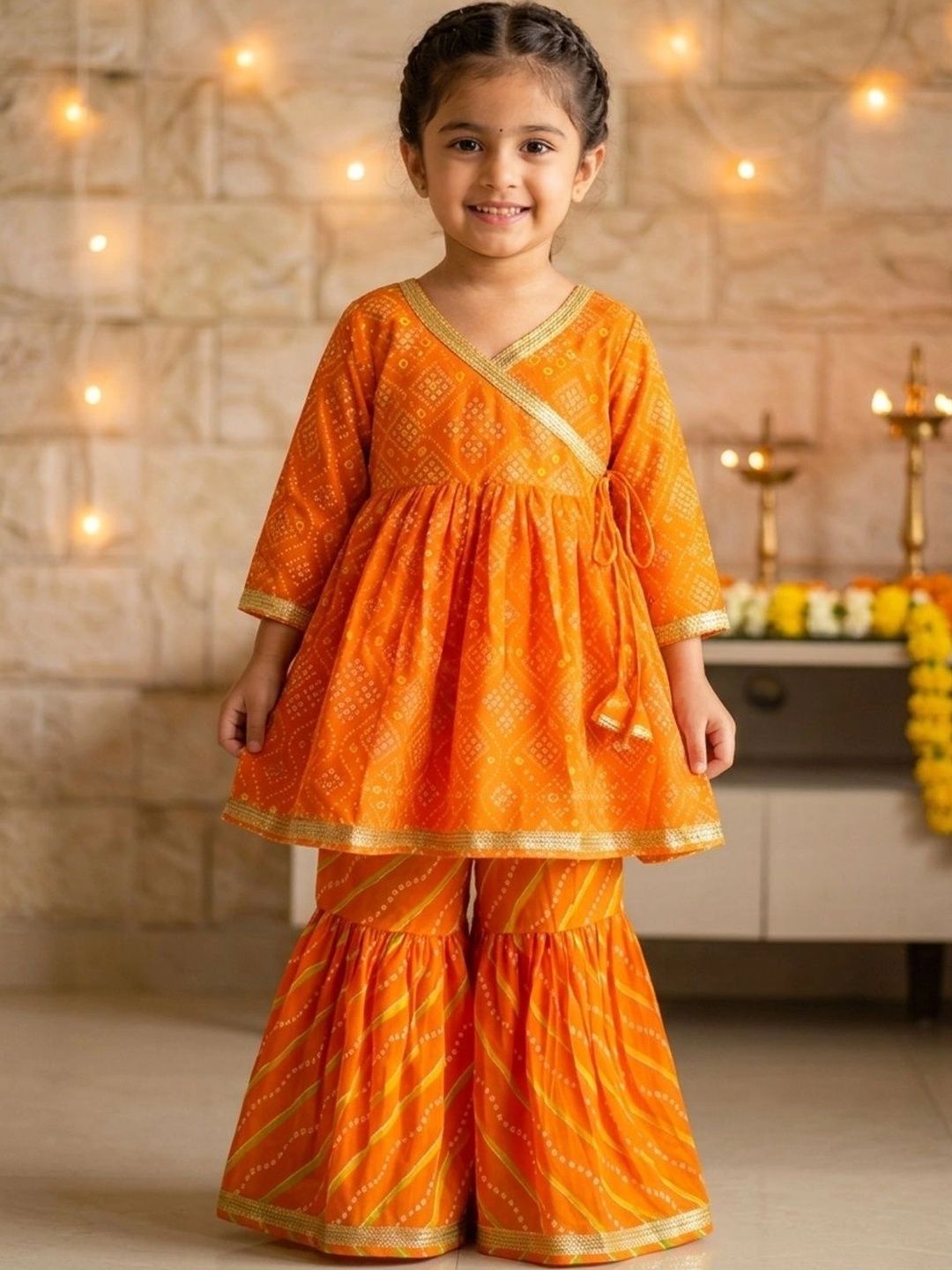 chirpytroops Girls Leheriya Printed Angrakha Pure Cotton Kurta with Sharara-image-11