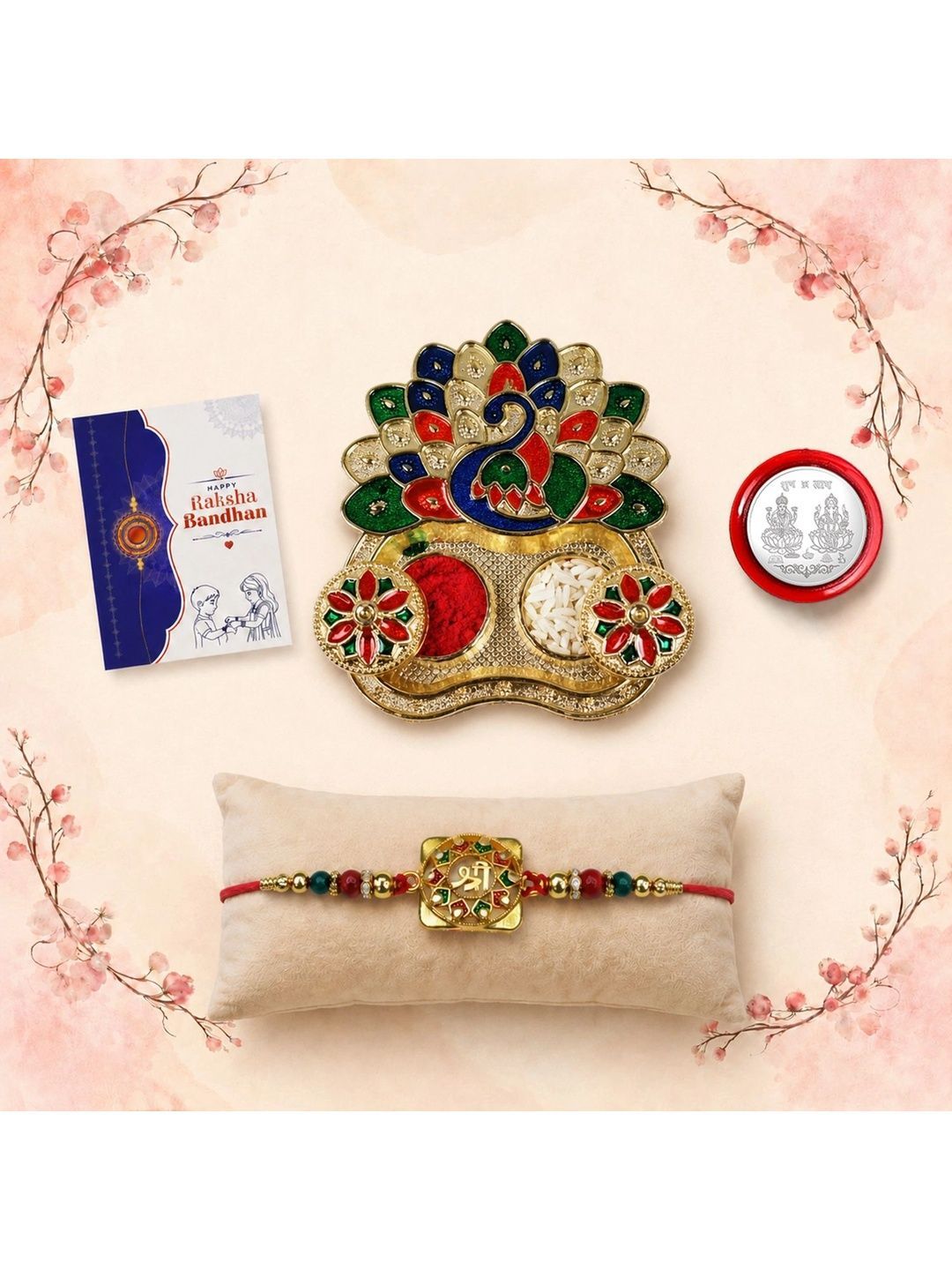 Myntra Elegant Homes Rakhi With Greeting Card Dish Silver Coin & Roli Chawal-picture-34