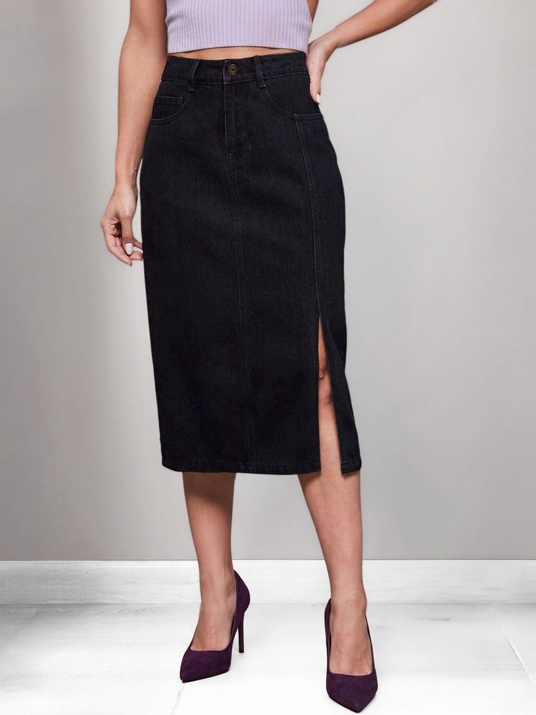Miss Chase Women Denim Front Slit Midi Straight Skirt-image-17