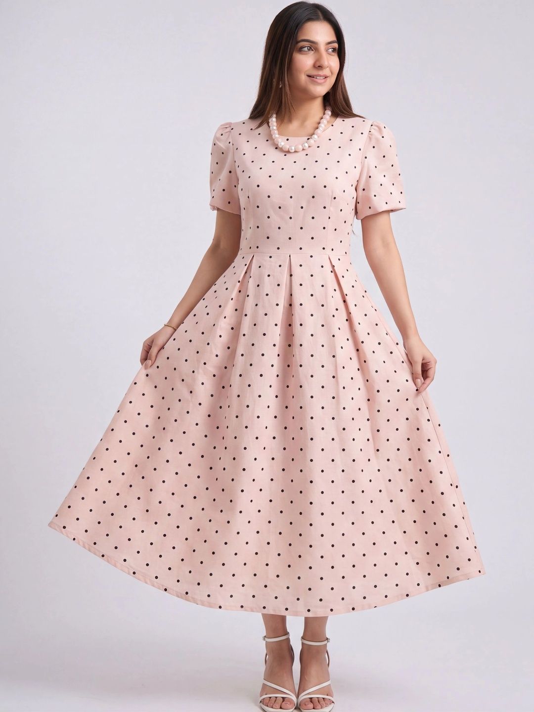 TBFO Polka Dot Print Puff Sleeve A-Line Midi Dress-image-20