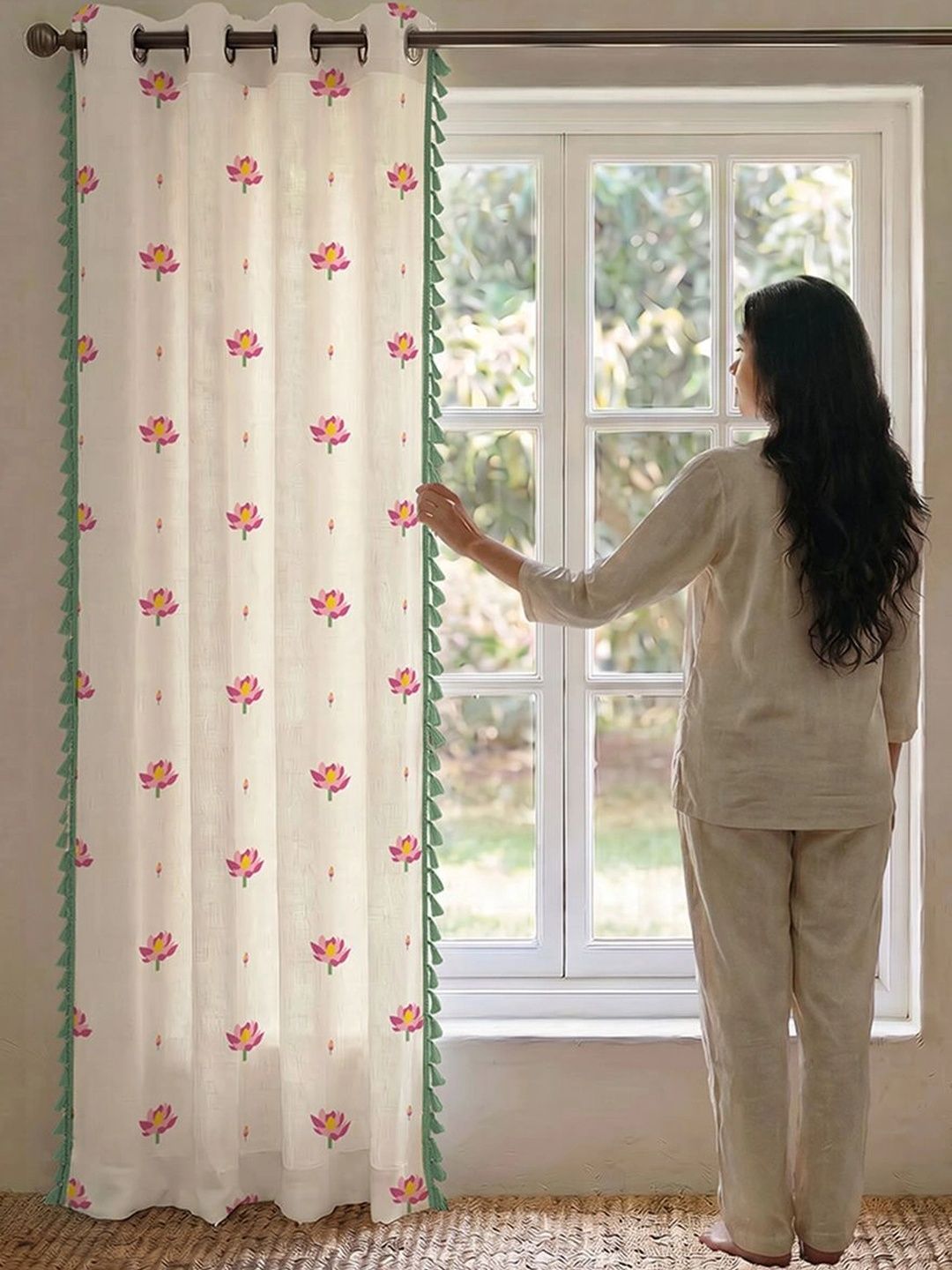 URBAN SPACE Pink & Green Floral Long Door Curtain-image-39
