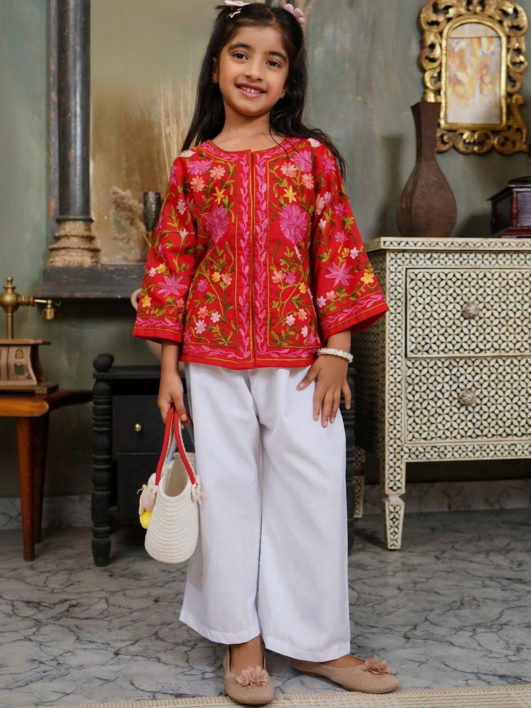 HOUSE OF KARI Girls Floral Open Front Jacket with Embroidered-image-22