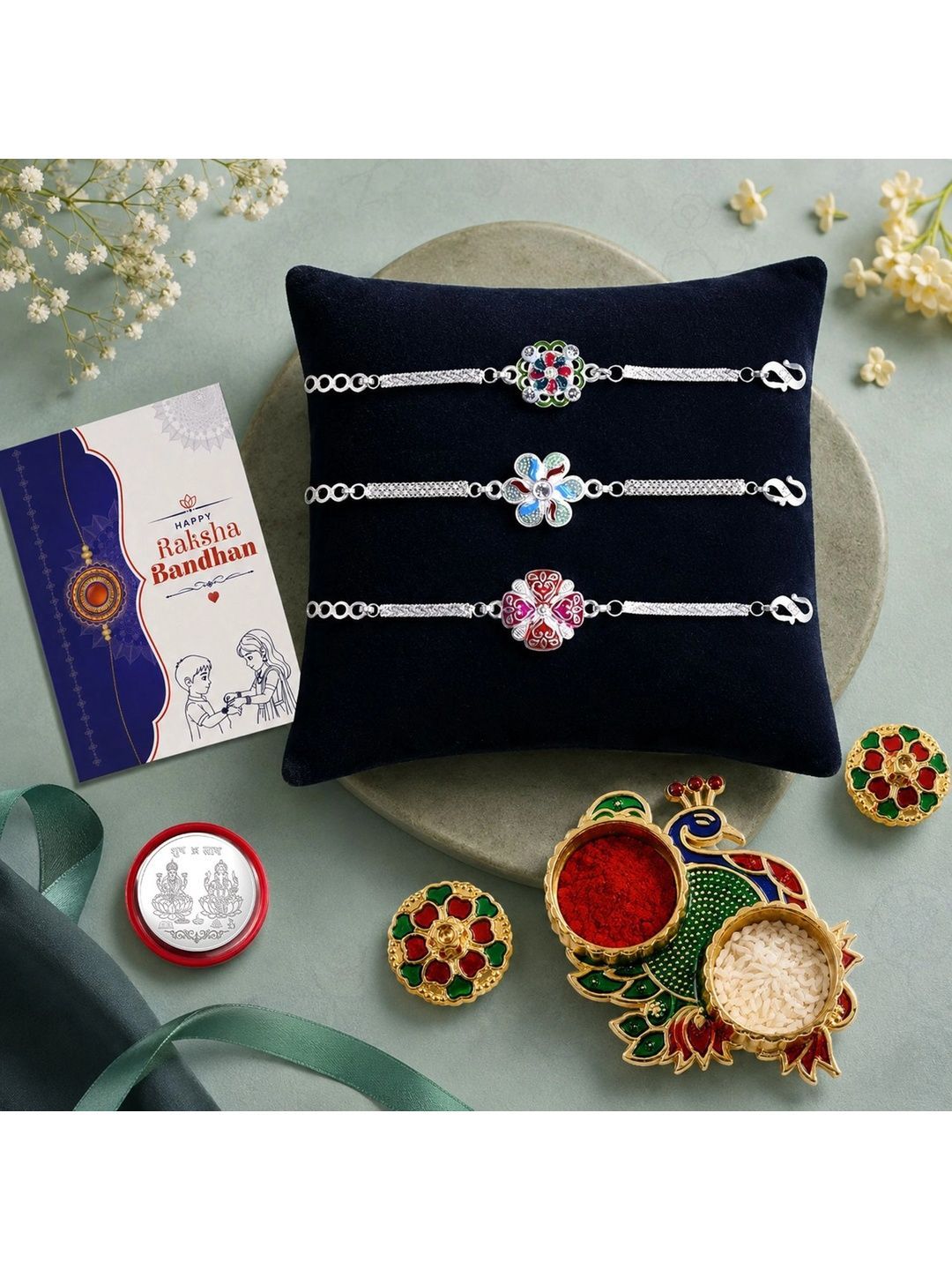 Myntra Elegant Homes Set of 8 Rakhi Gift Set With Silver Coin, Greeting Card & Roli Chawal-picture-30