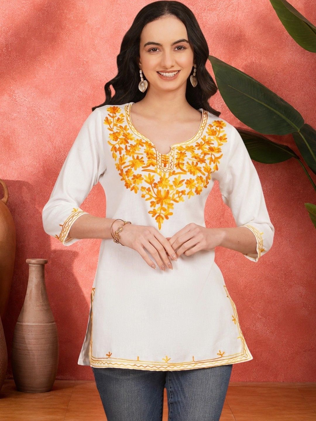 Sangria Ethnic Motifs Embroidered V-Neck Thread Work Pure Cotton Khadi Kurti-picture-32