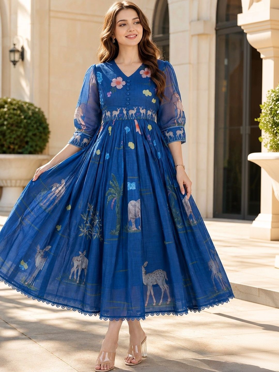 JEEREVA Ethnic Motifs Print Puff Sleeve A-Line Midi Dress-picture-53