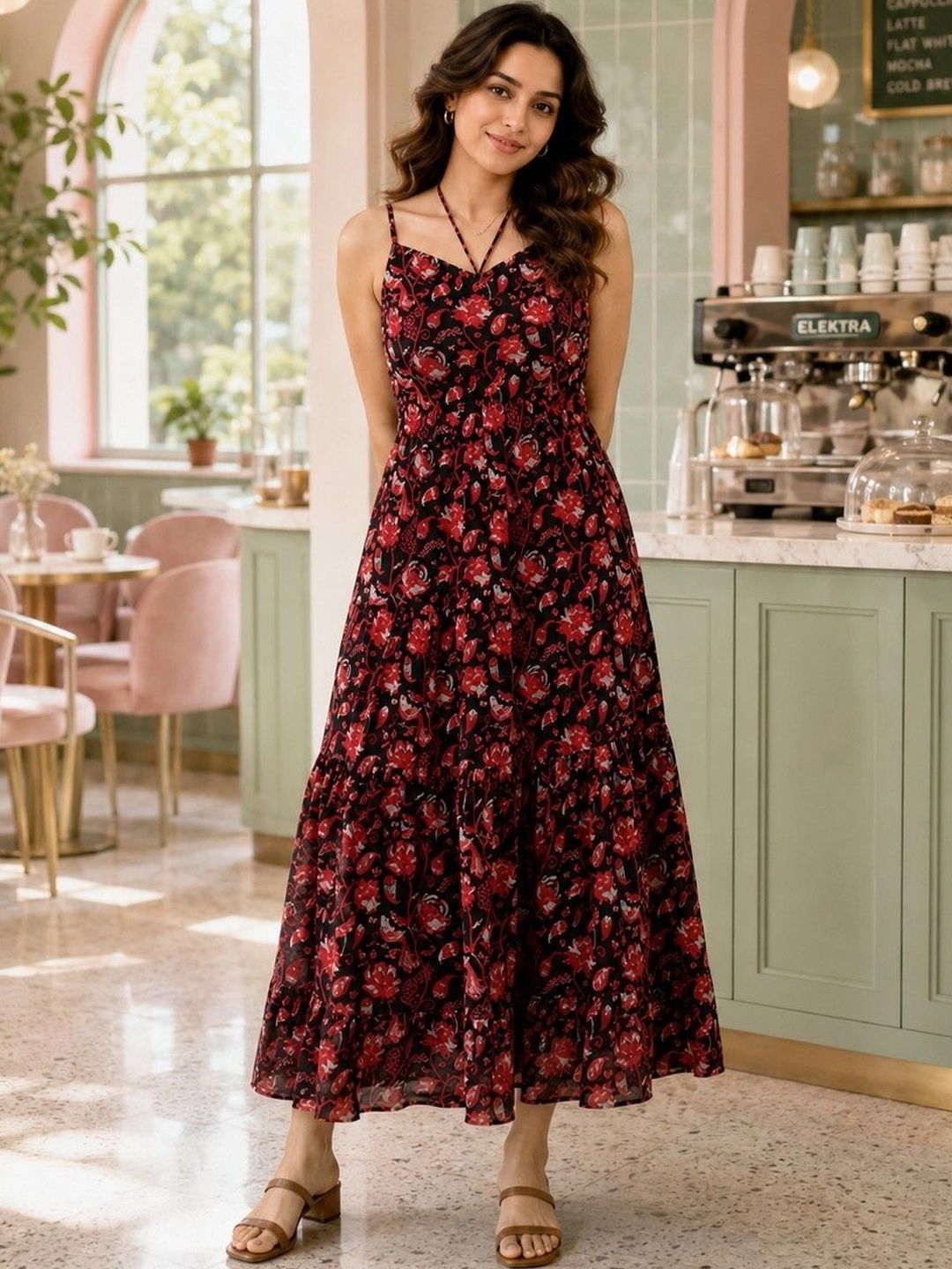 DressBerry Floral Print Halter Neck Chiffon Maxi Dress-image-23