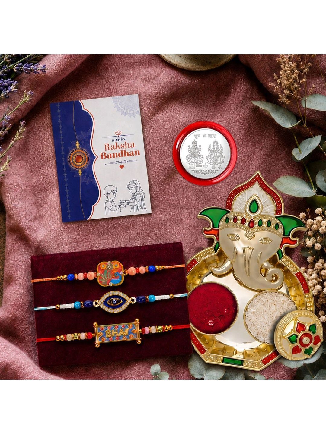 Myntra Elegant Homes Set of 8 Rakhi Gift Set With Silver Coin Greeting Card & Roli Chawal-image-34