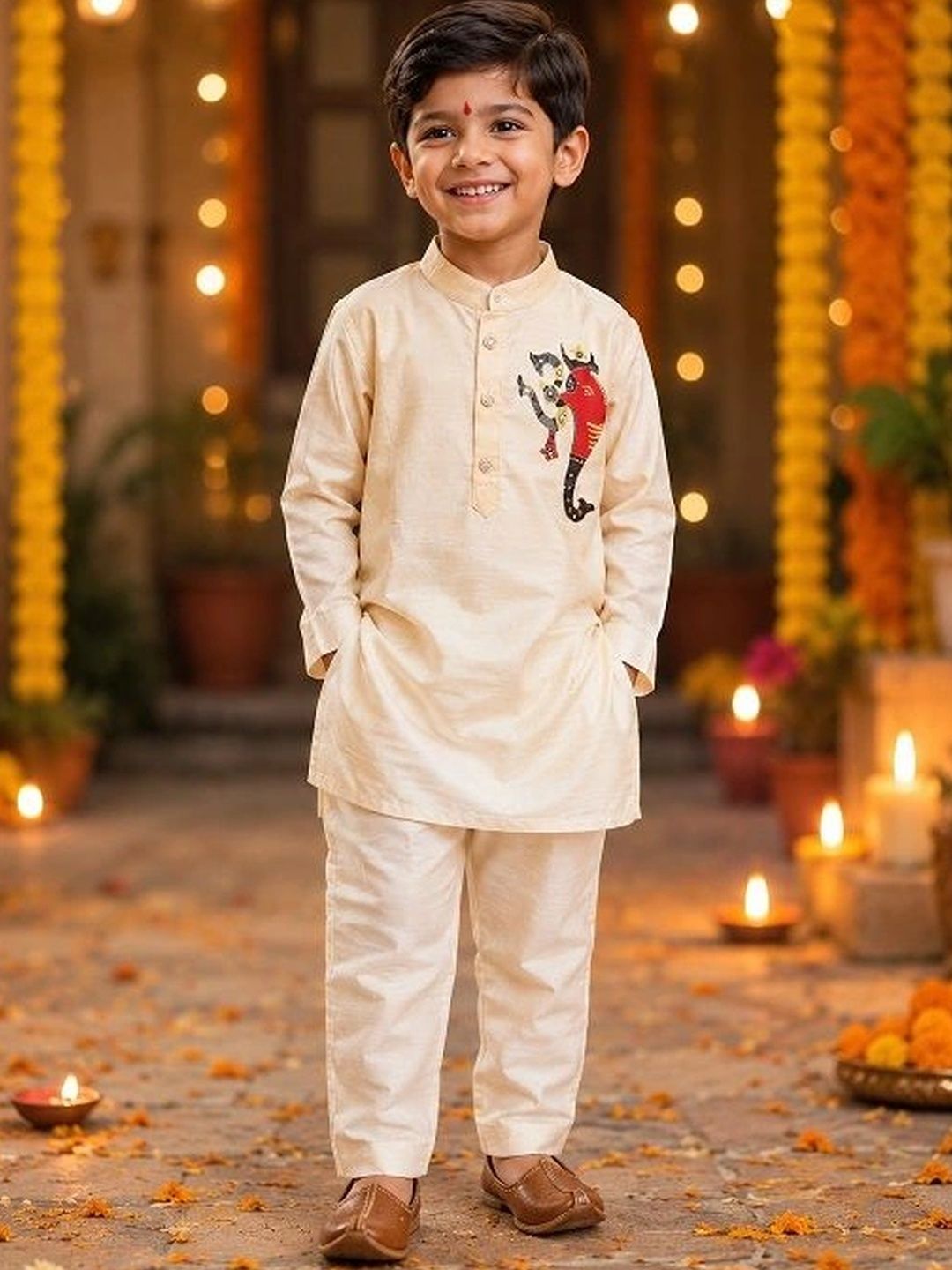 BAESD Boys Ethnic Motifs Regular Thread Work Dupion Silk Kurta with Pyjamas-picture-24