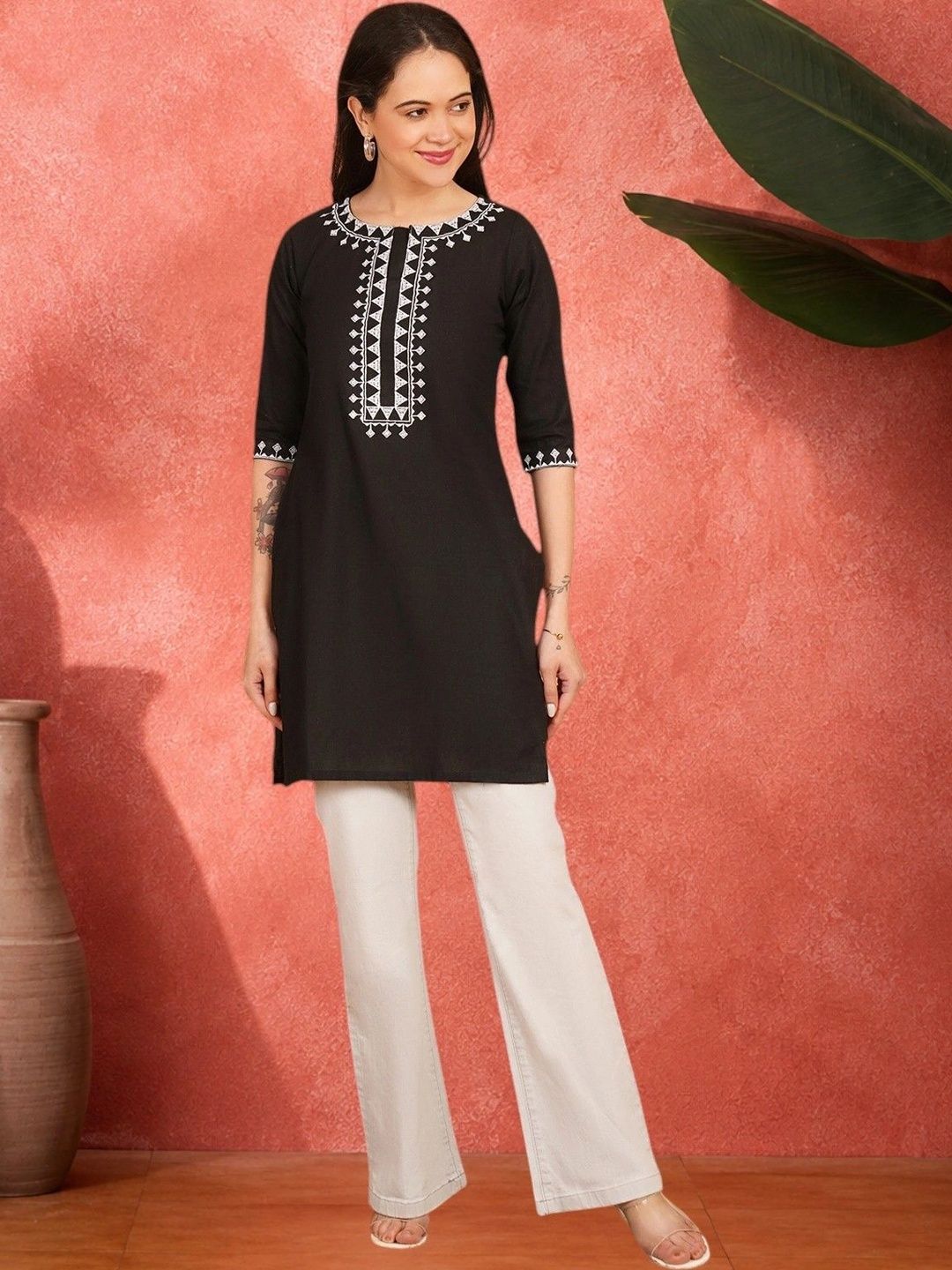 Sangria Ethnic Motifs Embroidered Thread Work Pure Cotton Blend Khadi Kurti-picture-33
