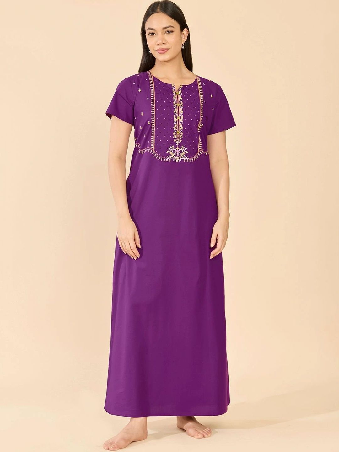 Maybell Women Purple Solid Cotton Short Sleeve Scoop Neck Night Dress-image-24