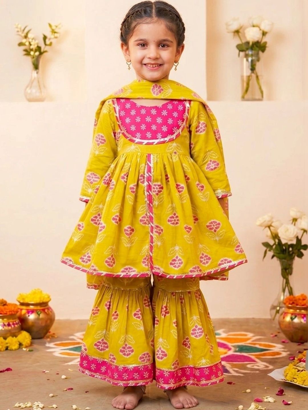 chirpytroops Girls Floral Printed Regular Pure Cotton Kurta with Sharara & With Dupatta-picture-37