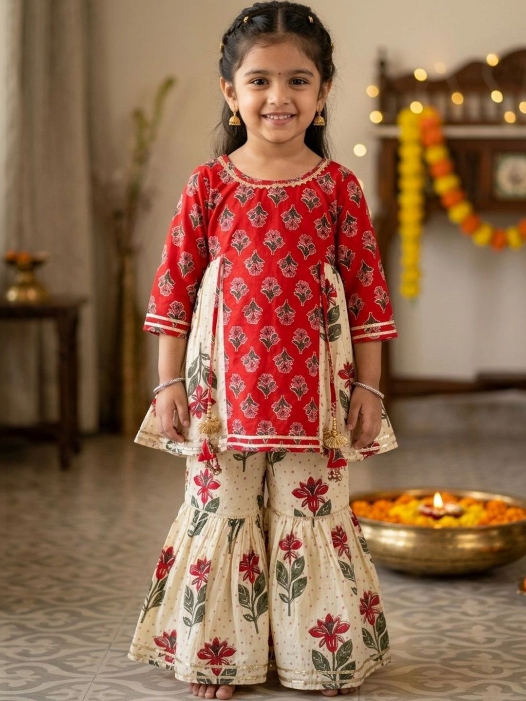 chirpytroops Girls Floral Printed Empire Pure Cotton Kurta with Sharara-image-47