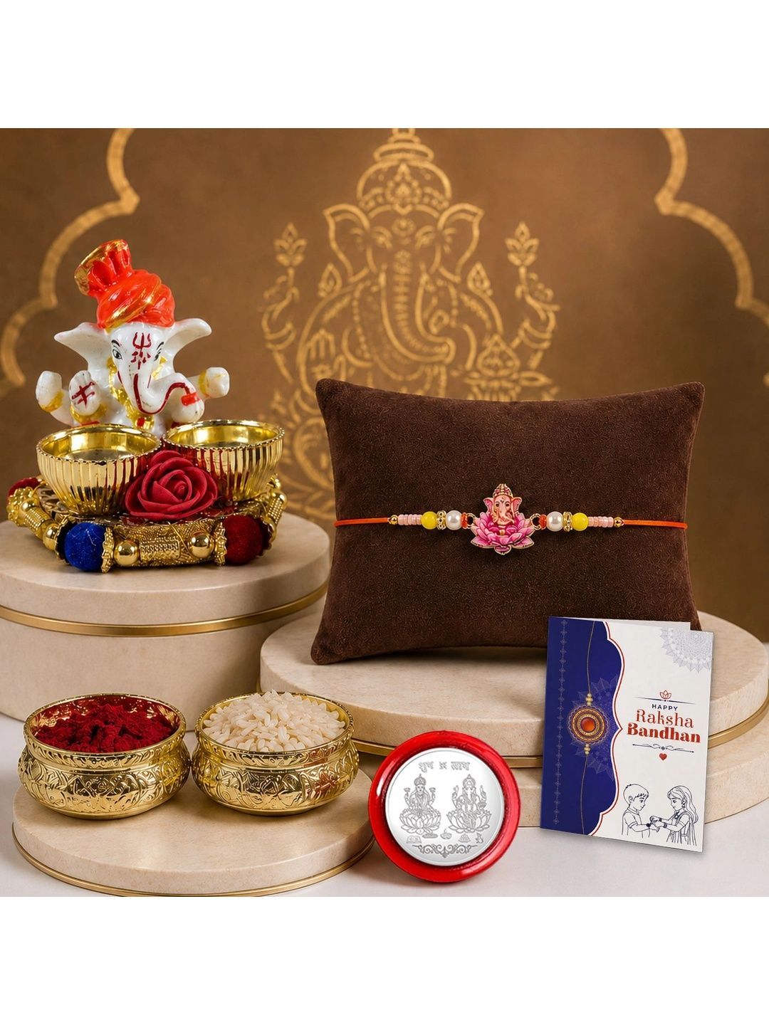 Myntra Elegant Homes Rakhi With Greeting Card Ganesh Idol Silver Coin & Roli Chawal-picture-55