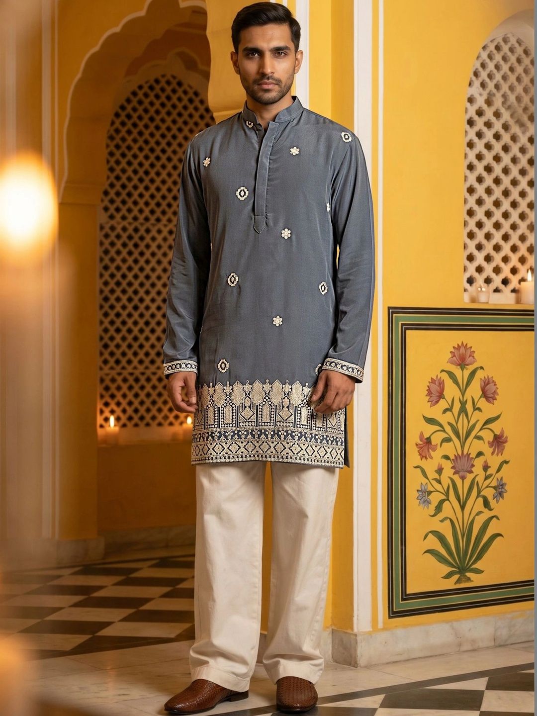 Jompers Men Ethnic Motifs Embroidered Regular Thread Work Kurta with Pyjamas-picture-18