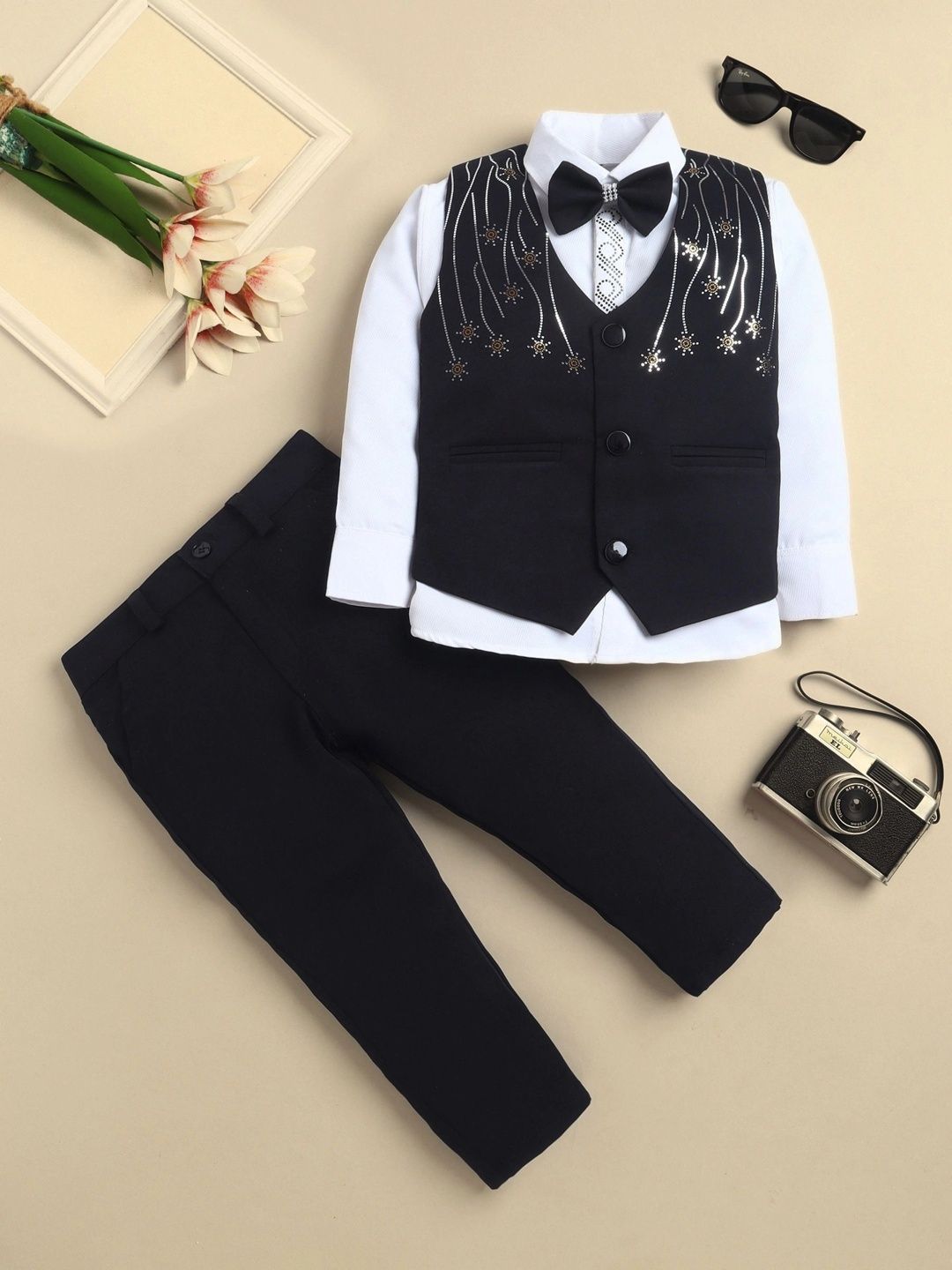 YK Boys Sequins Embellished V-Neck Three-Piece Suit With Bowtie-picture-36