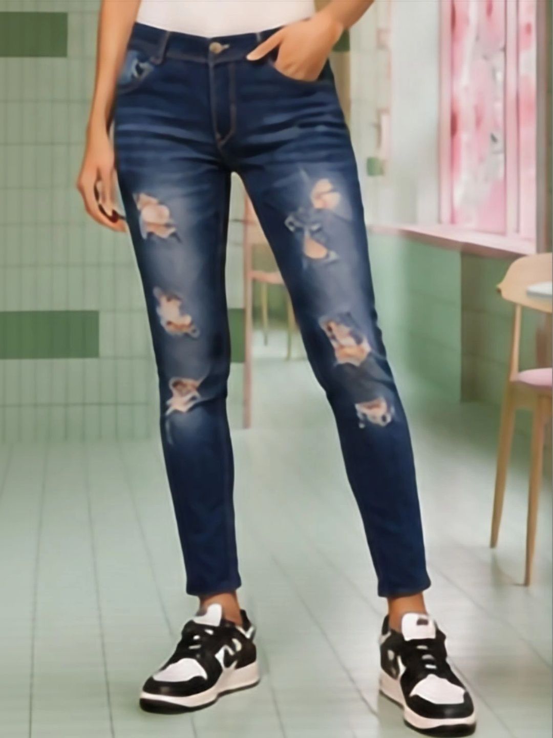 HERE&NOW Women Classic Straight Fit Mid-Rise Highly Distressed Stretchable Jeans-picture-38