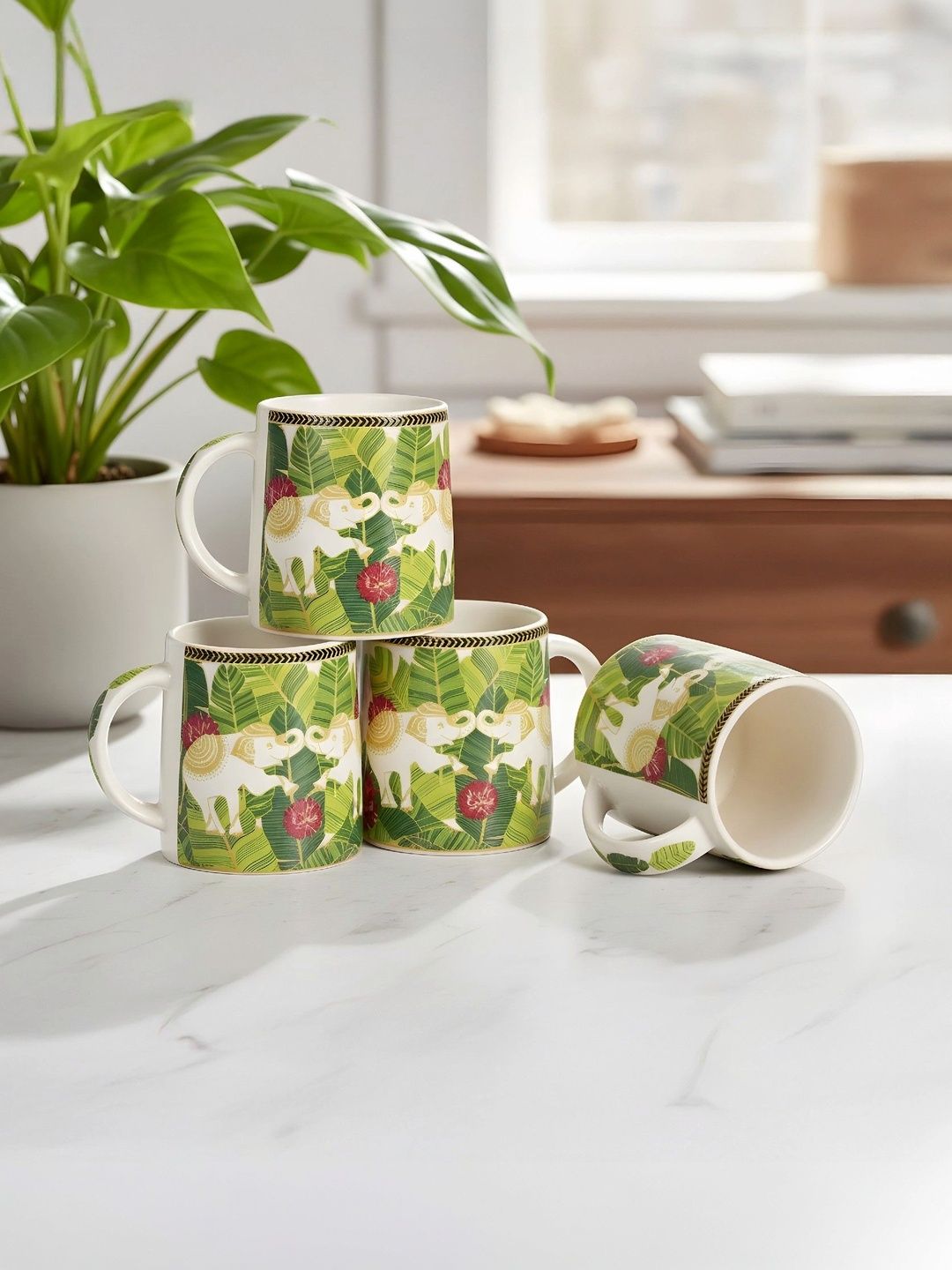 MIAH Decor Off White & Multicoloured Natural Elements Printed Ceramic Glossy Mugs Set of Cups and Mugs-picture-10