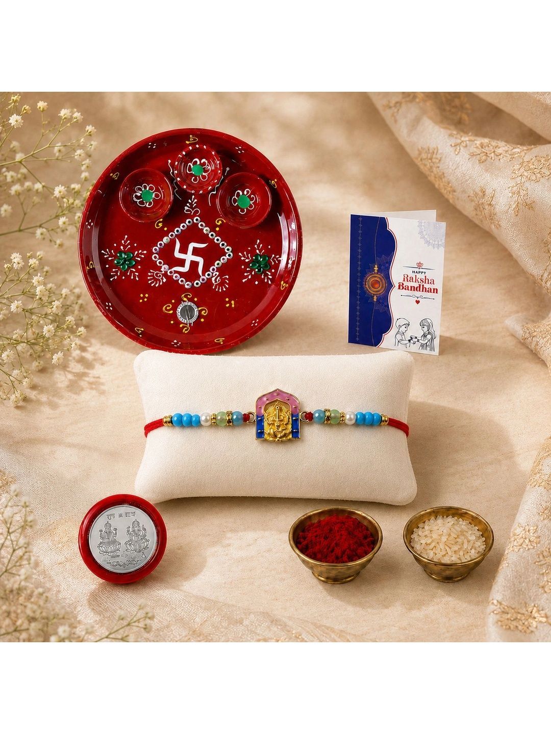 Myntra Elegant Homes Set of 6 Rakhi Gift Set With Silver Coin, Greeting Card & Roli Chawal-picture-30