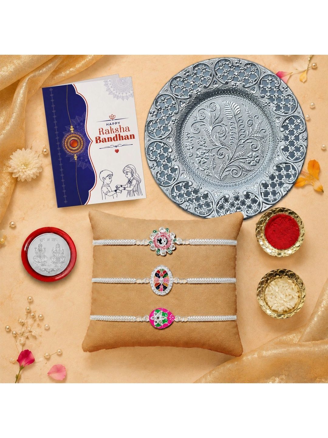 Myntra Elegant Homes Set of 8 Rakhi Gift Set With Silver Coin, Greeting Card & Roli Chawal-image-47