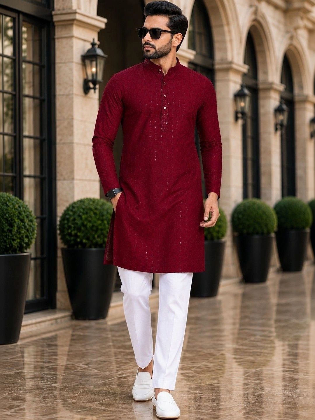 SKYWORRIX Men Embroidered Regular Sequinned Kurta with Trousers-picture-51
