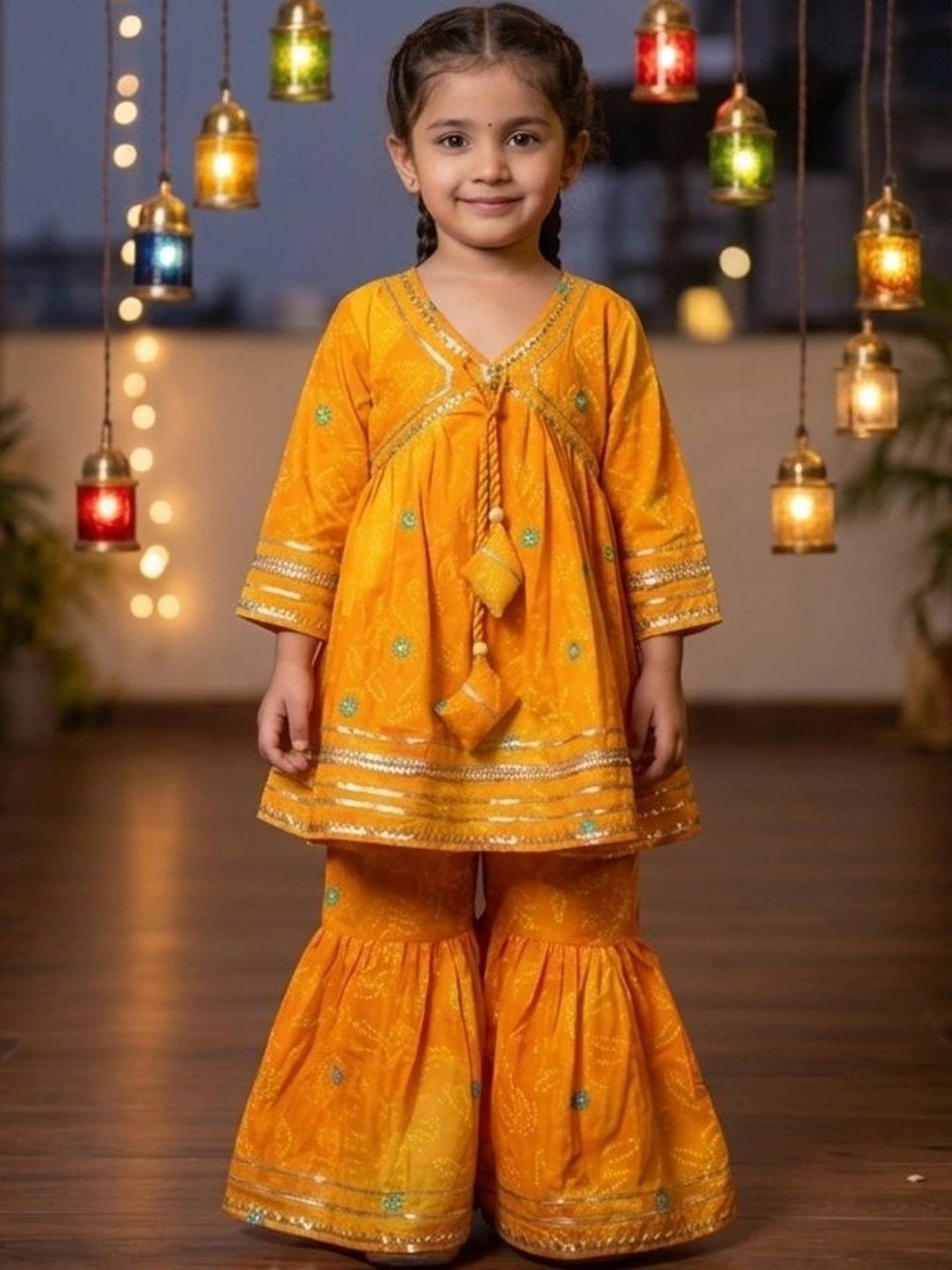 chirpytroops Girls Leheriya Printed Empire Gotta Patti Pure Cotton Kurta with Sharara-picture-35