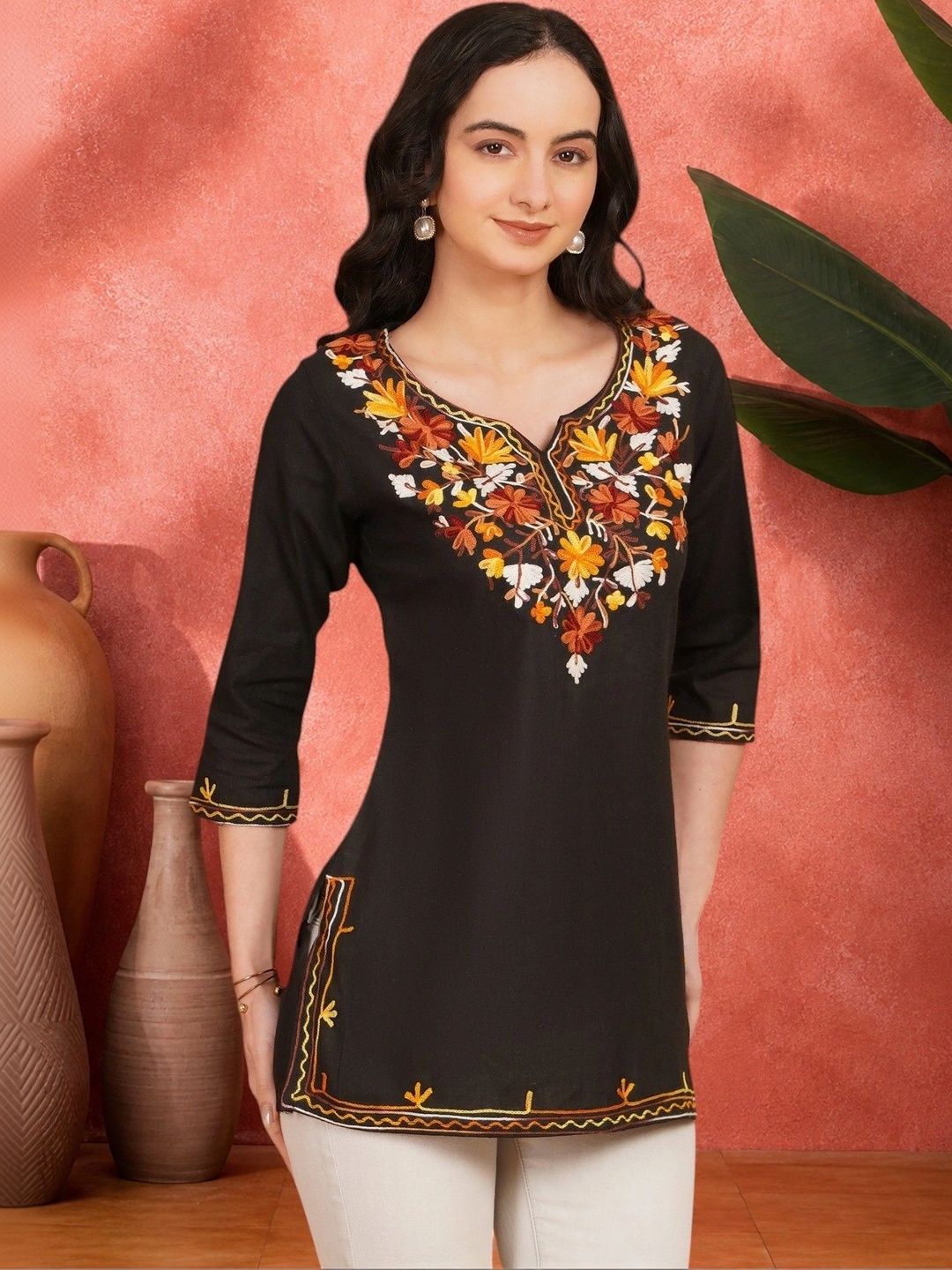 Sangria Floral Embroidered V-Neck Pure Cotton Blend Khadi Kurti-picture-27