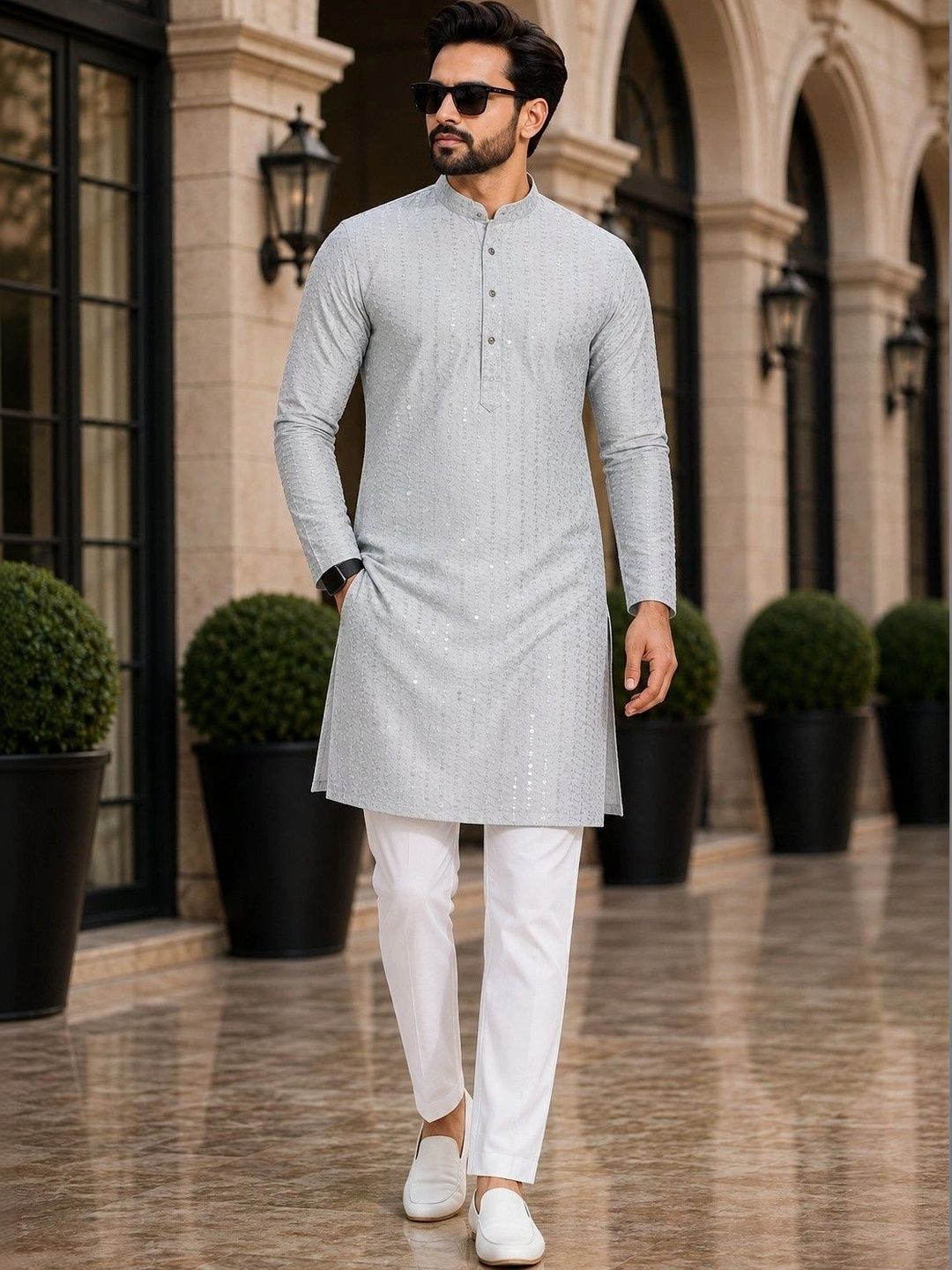 SKYWORRIX Men Ethnic Motifs Embroidered Regular Sequinned Kurta with Trousers-picture-51