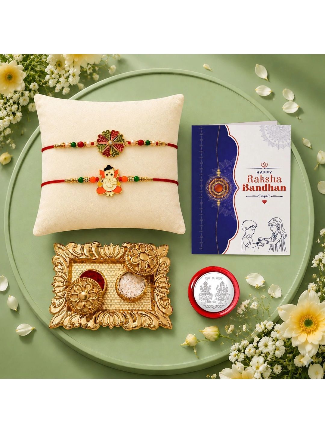 Myntra Elegant Homes Set of 7 Rakhi Gift Set With Silver Coin, Greeting Card & Roli Chawal-picture-44