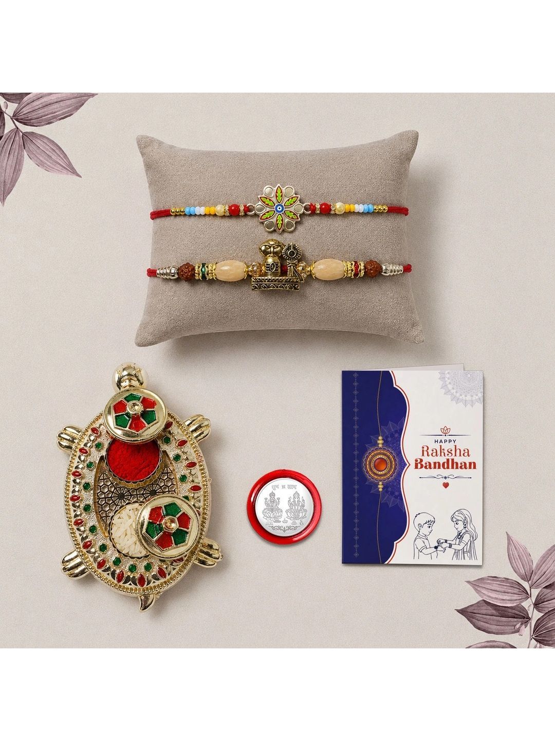 Myntra Elegant Homes Set of 7 Rakhi Gift Set With Silver Coin, Greeting Card & Roli Chawal-image-49