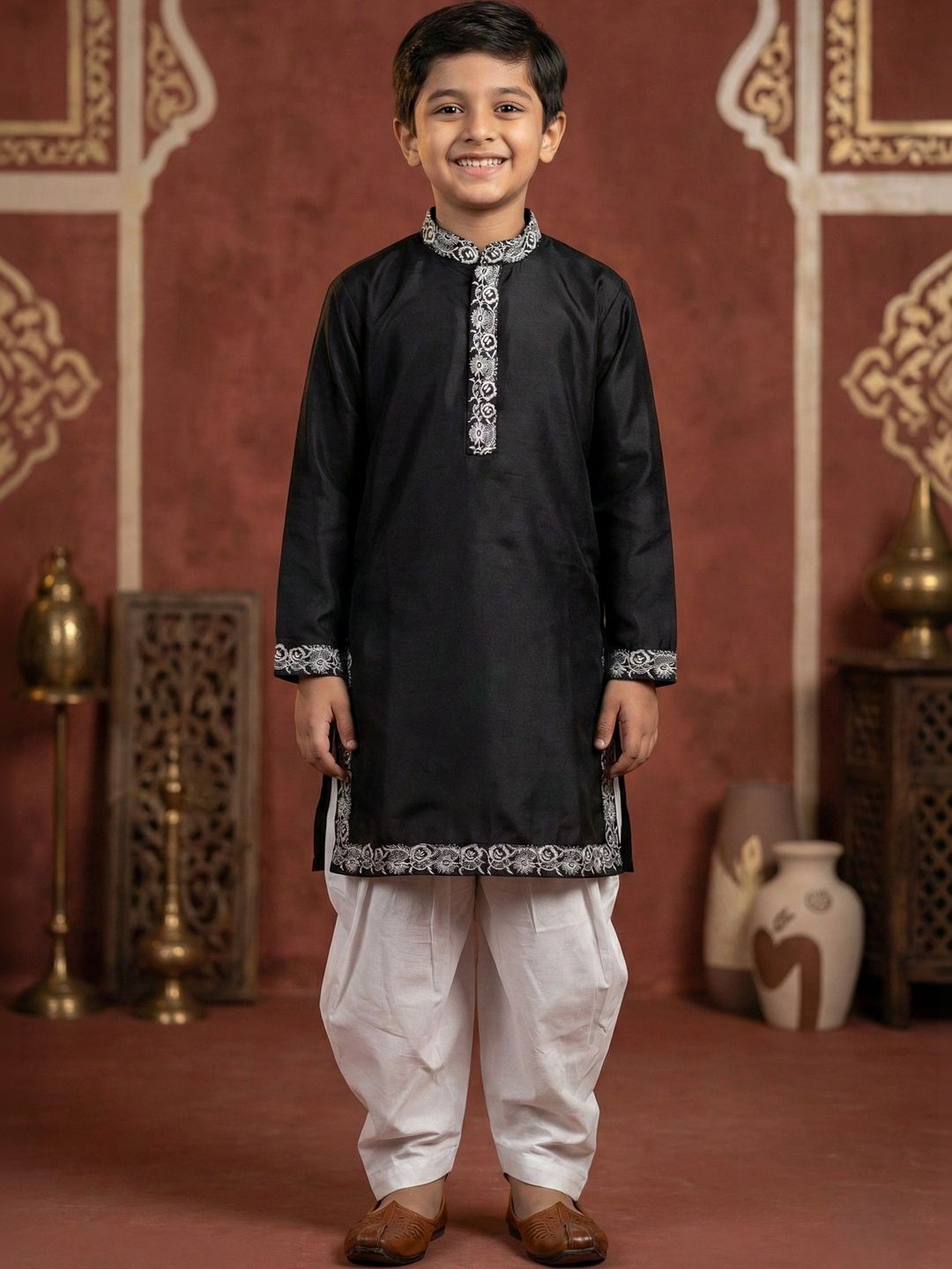 BAESD Boys Ethnic Motifs Embroidered Regular Thread Work Kurta with Dhoti Pants-picture-25