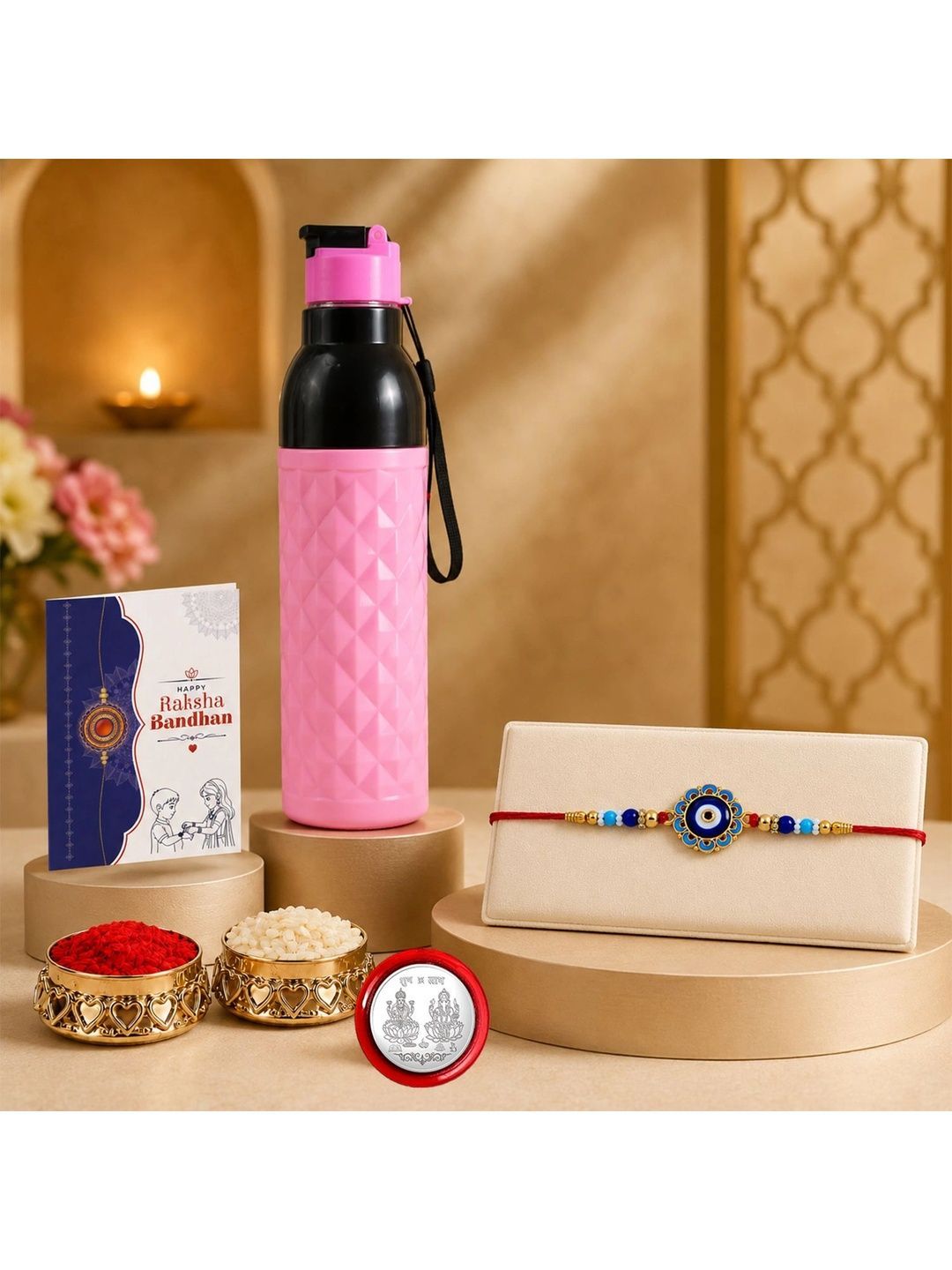 Myntra Elegant Homes Rakhi With Greeting Card Water Bottle Silver Coin & Roli Chawal-image-37