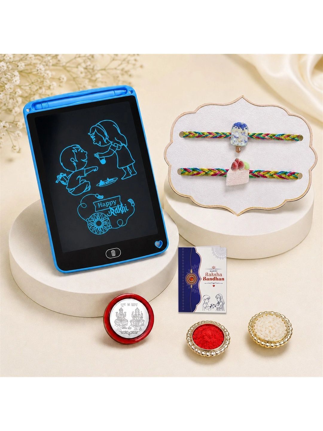 Myntra Elegant Homes 2-Pcs Rakhi With Writing Pad Silver Coin Greeting Card & Roli Chawal-picture-51