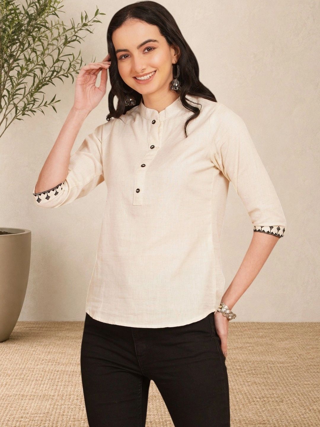 Sangria Embellished Embroidered Mandarin Collar Cotton Blend Top-picture-45
