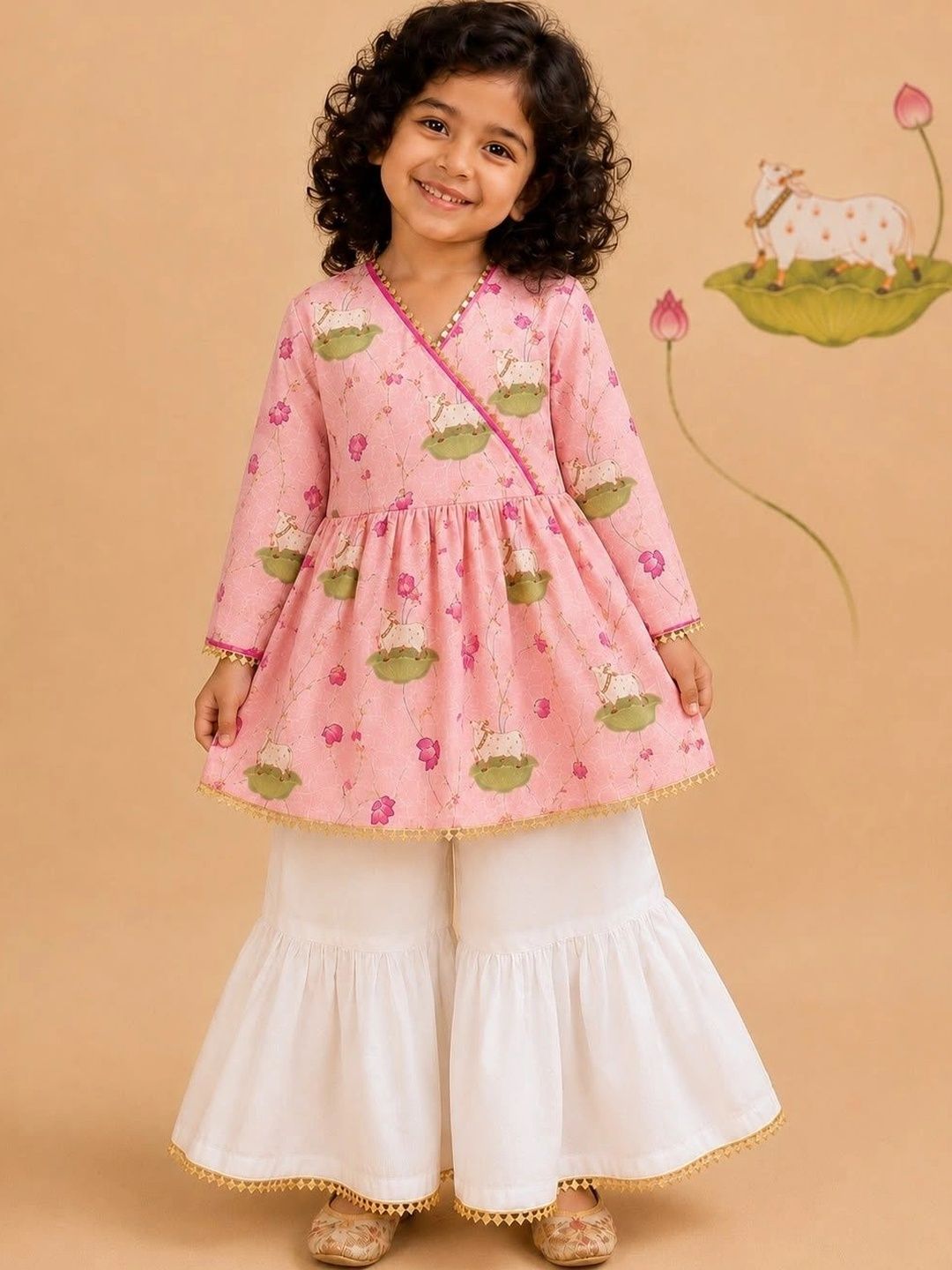 Cute Couture Girls Floral Printed Angrakha Gotta Patti Pure Cotton Kurta with Sharara-image-35