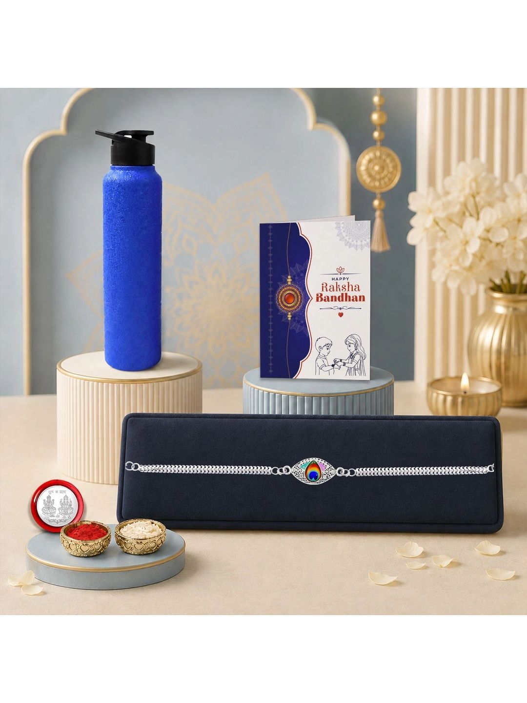 Myntra Elegant Homes Rakhi With Greeting Card Water Bottle Silver Coin & Roli Chawal-picture-40