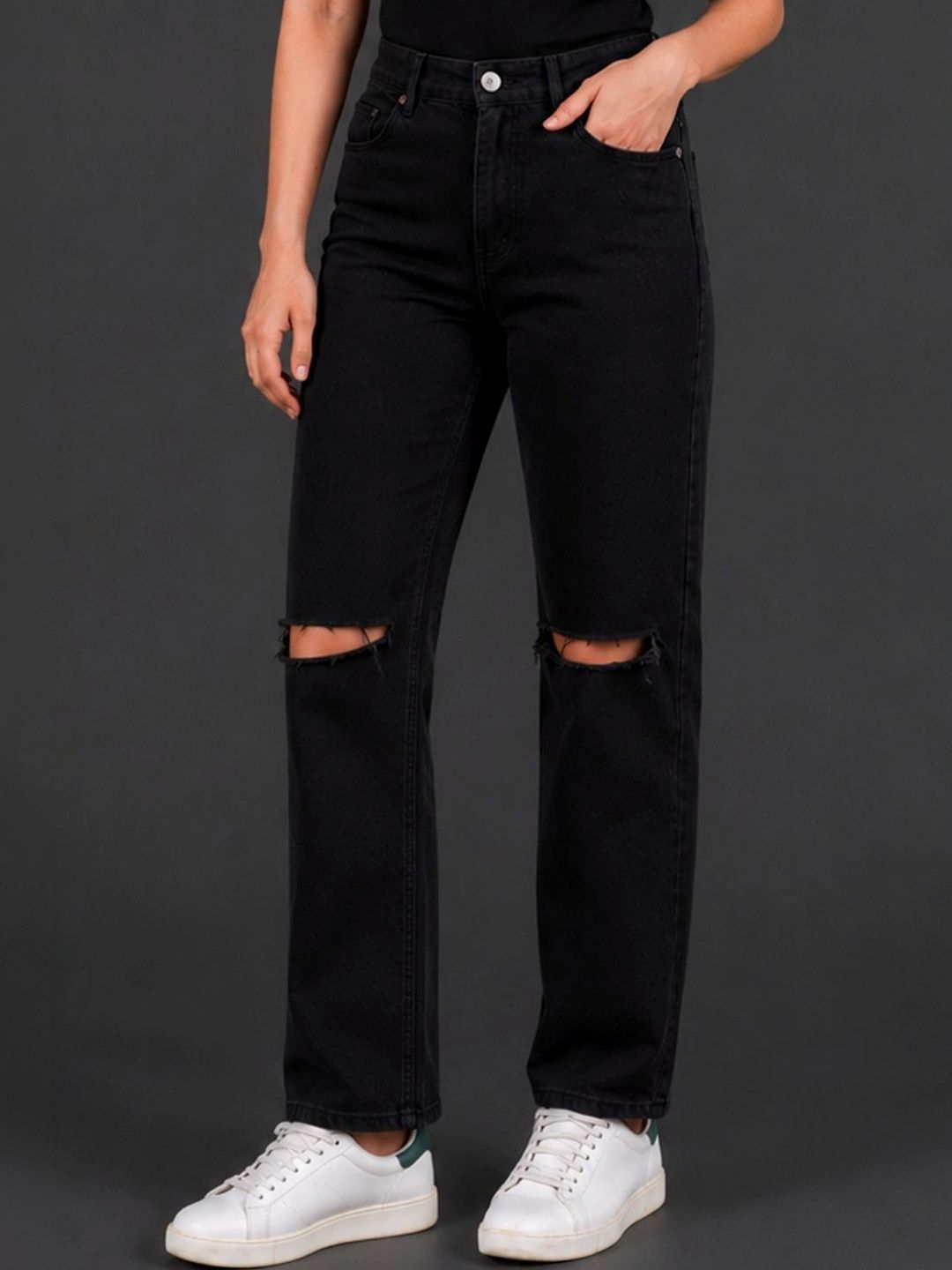 HERE&NOW Women Classic Straight Fit Mid-Rise Slash Knee Stretchable Jeans-picture-42