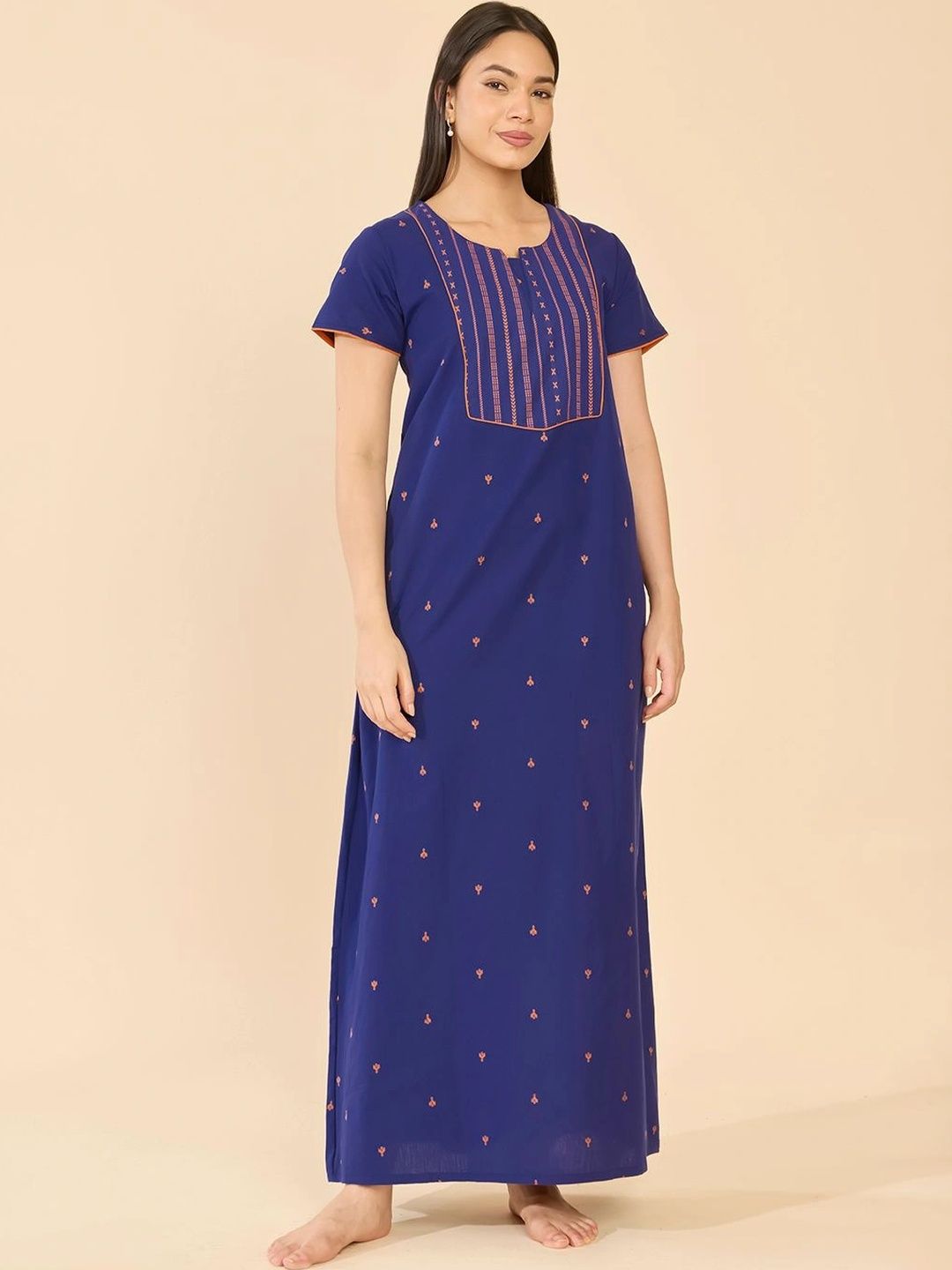 Maybell Women Purple Butta Printed Cotton Short Sleeve Round Neck Night Dress-image-31