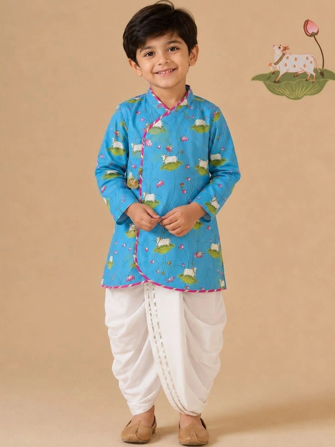 Cute Couture Boys Ethnic Motifs Printed Angrakha Pure Cotton Kurta with Dhoti Pants-picture-54