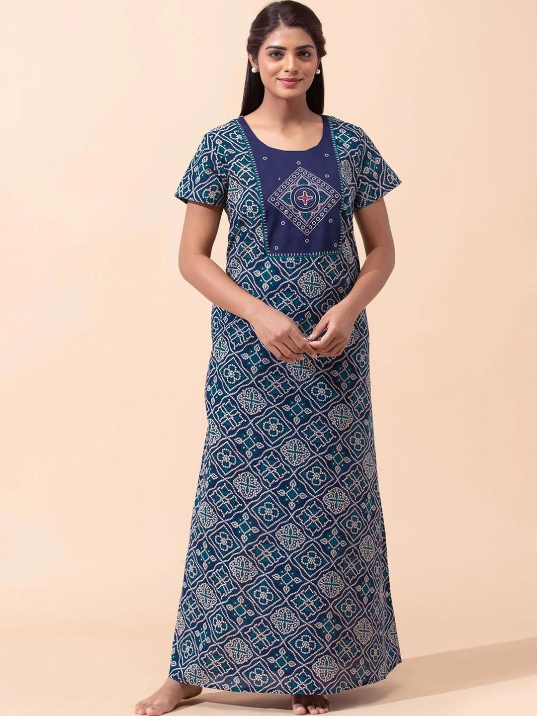 Maybell Women Navy Bandhani Printed Cotton Short Sleeve Scoop Neck Night Dress-picture-16