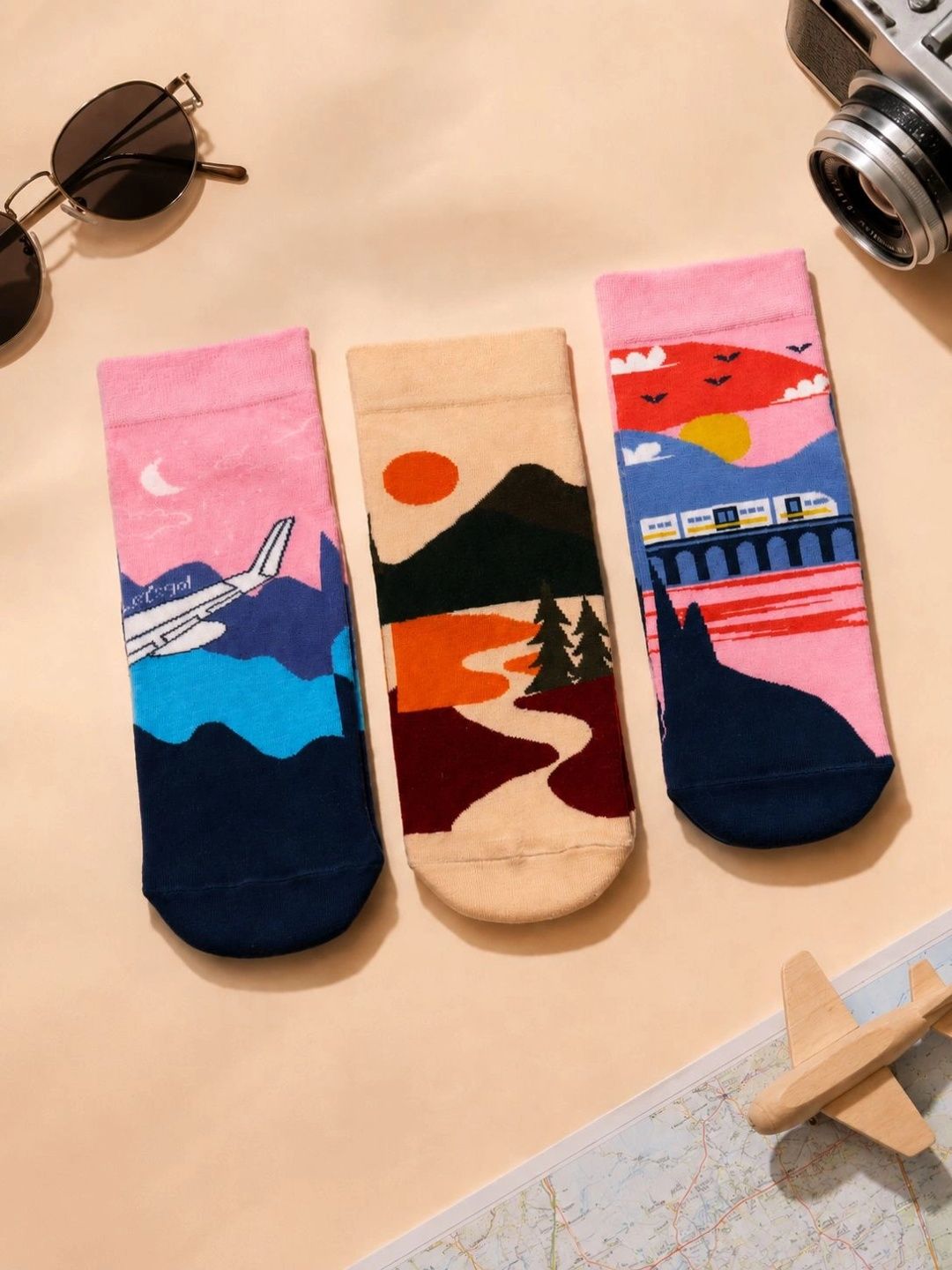 Thela Gaadi Unisex Pack of 3 Cotton Patterned Above Ankle Socks-picture-35