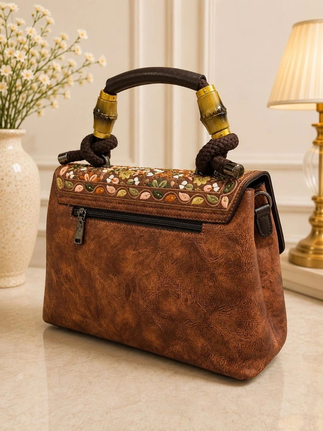 Varshele Luxe Floral Embellished Leather Structured Handheld Bag-picture-15