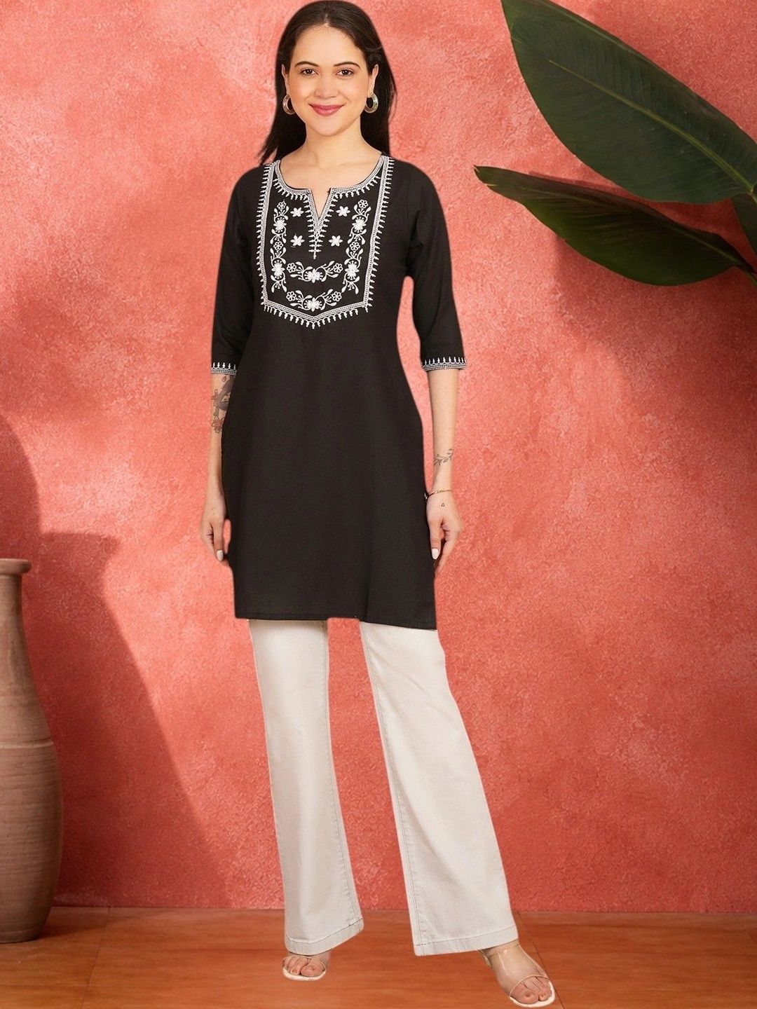 Sangria Ethnic Motifs Embroidered V-Neck Pure Cotton Khadi Chikankari Kurti-picture-37