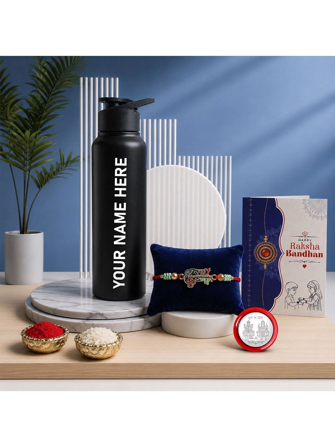 Myntra Elegant Homes Rakhi With Greeting Card Water Bottle Silver Coin & Roli Chawal-picture-17