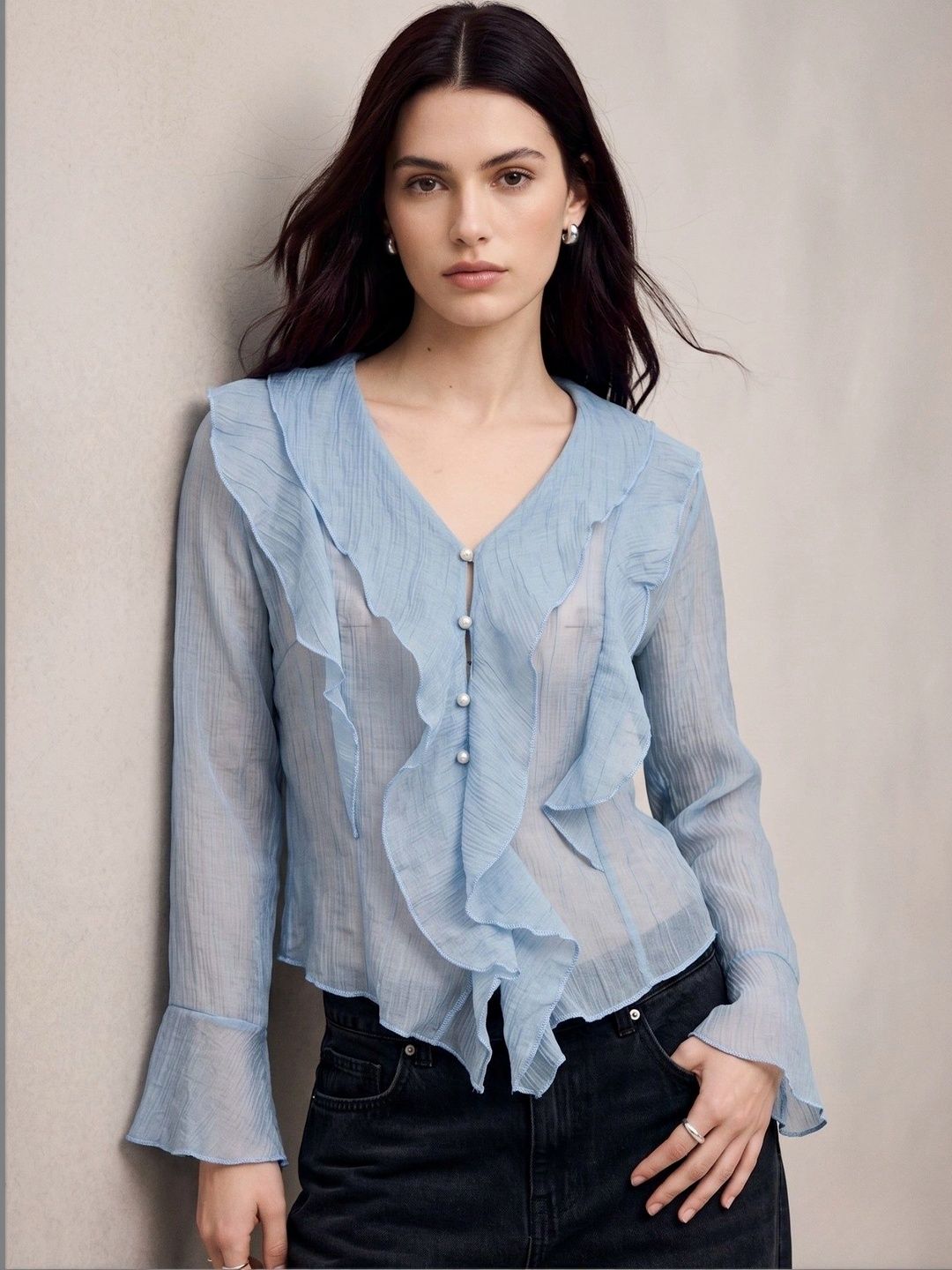 Outzidr Flared Sleeve Ruffles Top-picture-16