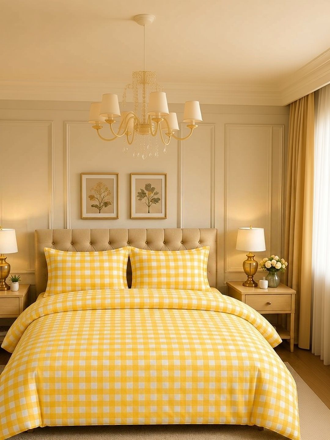 JASHAN Yellow & White Checked Cotton Queen-Size Duvet Cover With Zipper Closure-image-49