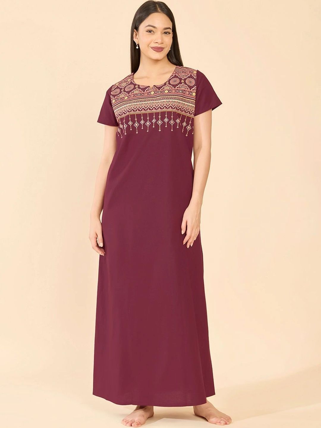 Maybell Women Brown Solid Cotton Short Sleeve Scoop Neck Night Dress-image-44