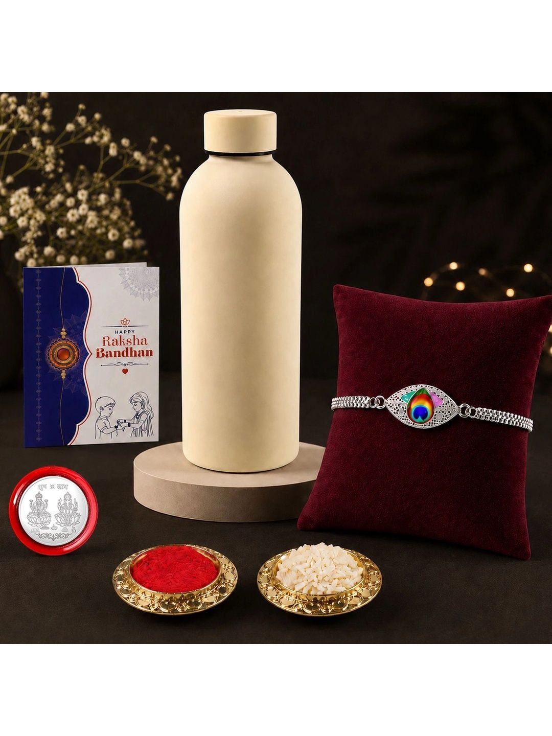Myntra Elegant Homes Rakhi With Greeting Card Water Bottle Silver Coin & Roli Chawal-picture-26