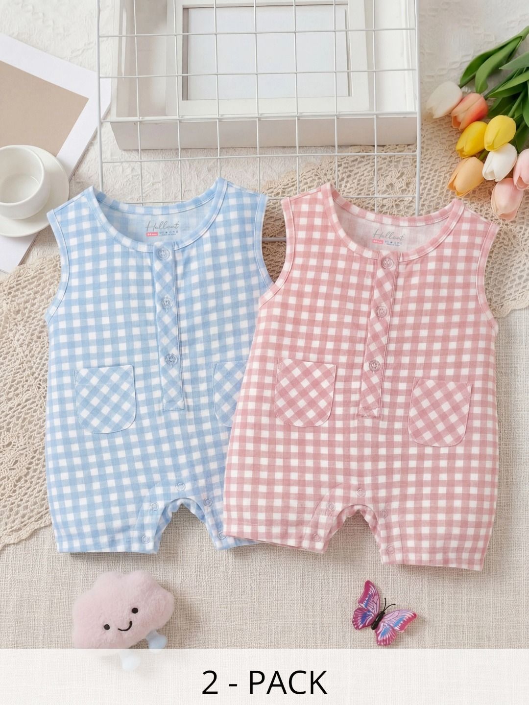 HELLCAT Infants Pack Of 2 Checked Cotton Round Neck Rompers-picture-19