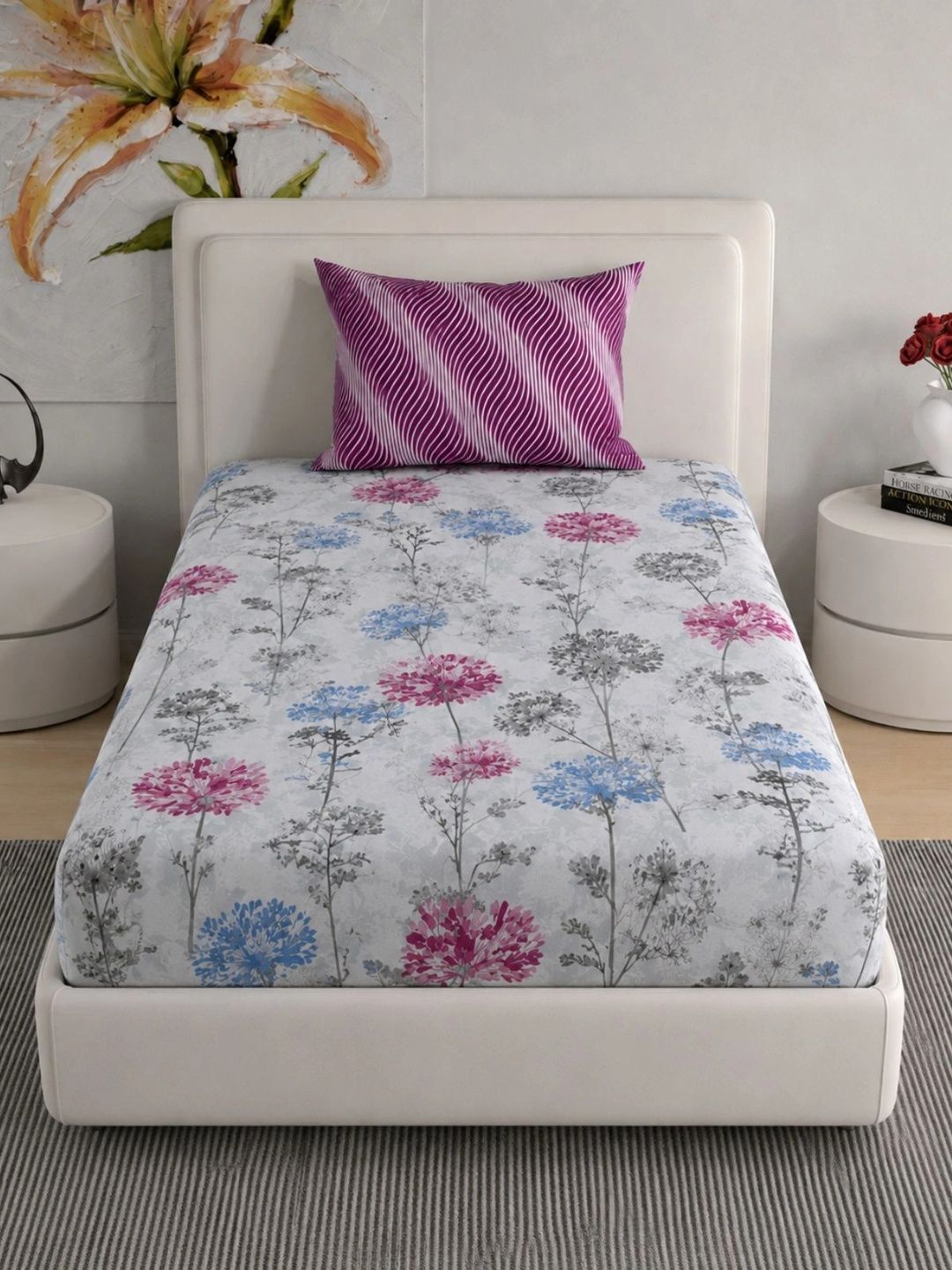 Florida White & Pink Floral 120 TC Single Bedsheet with 1 Pillow Covers-image-39
